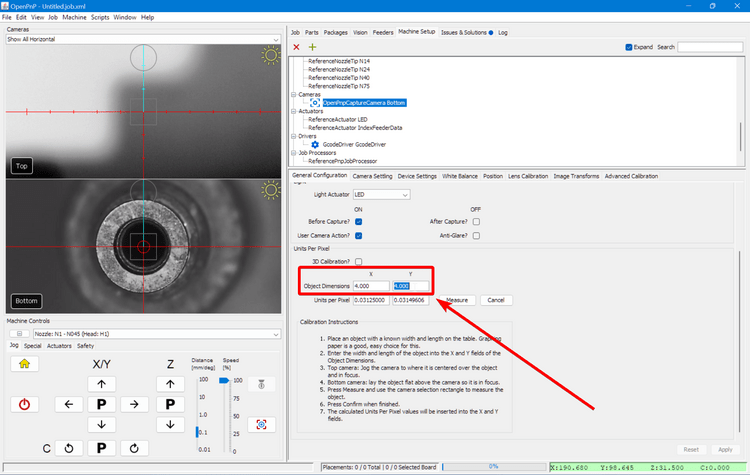 Set the object dimensions for calibration